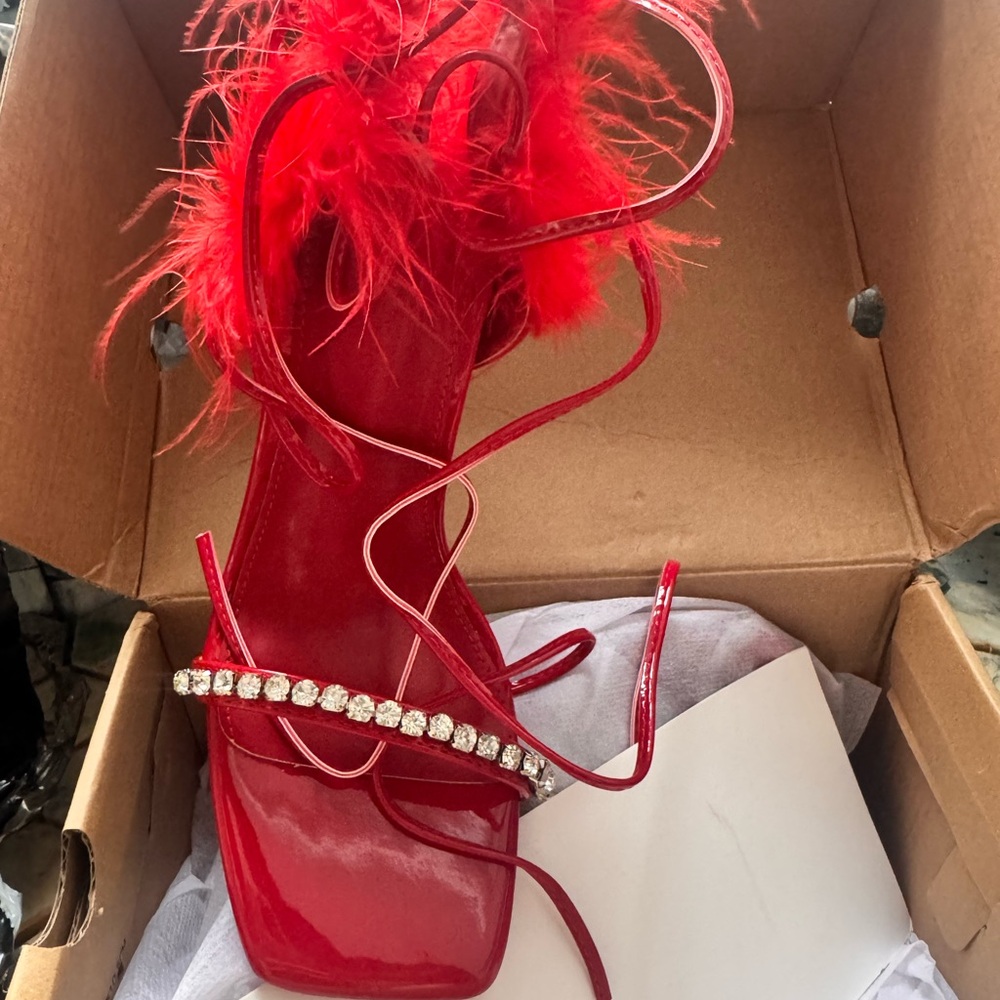 Red Strappy Heels with Feathers and Rhinestones
